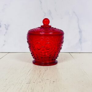 Fransk bonbonnière i rødt presset glas